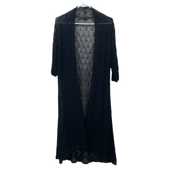 EILEEN FISHER Womens M? 100% Wool Open Front Mesh Knit Cardigan Duster Black - Picture 1 of 7